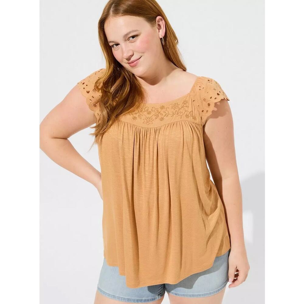 Torrid Knit Boho Eyelet Embroidered Jersey Top Biscuit Brown Women’s 3X